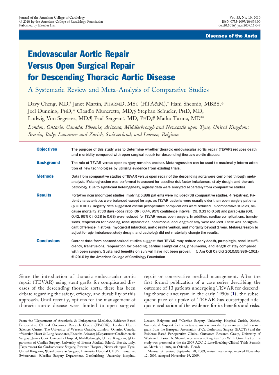 Endovascular Aortic Repair Versus Open Surgical Repair for Descending Thoracic Aortic Disease : A Systematic Review and Meta-Analysis of Comparative Studies