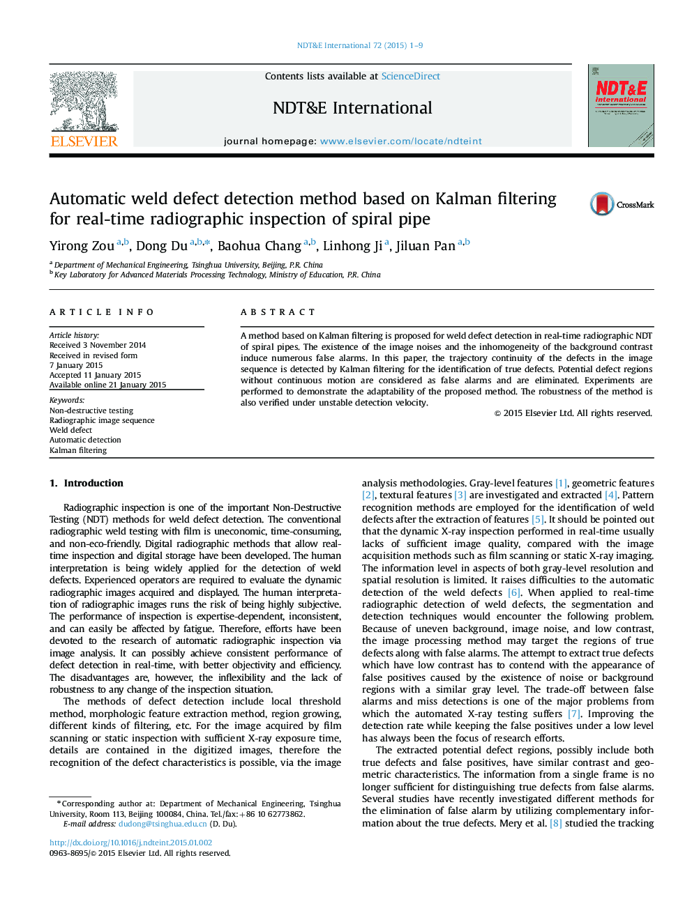 Automatic weld defect detection method based on Kalman filtering for real-time radiographic inspection of spiral pipe