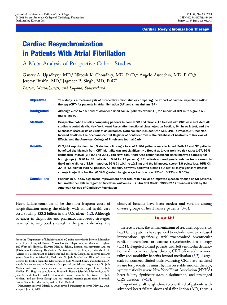 Cardiac Resynchronization in Patients With Atrial Fibrillation : A Meta-Analysis of Prospective Cohort Studies