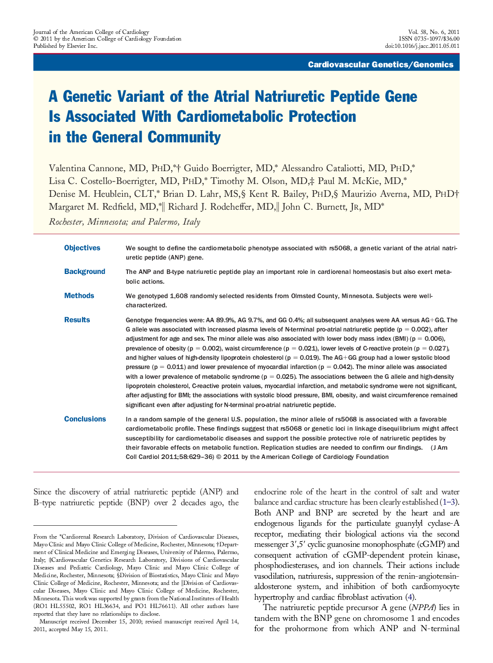 A Genetic Variant of the Atrial Natriuretic Peptide Gene Is Associated With Cardiometabolic Protection in the General Community 