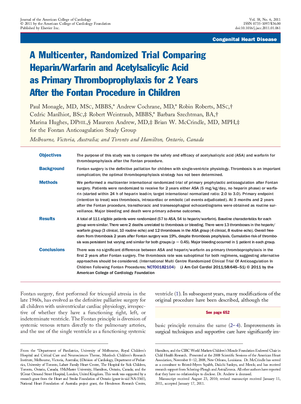 A Multicenter, Randomized Trial Comparing Heparin/Warfarin and Acetylsalicylic Acid as Primary Thromboprophylaxis for 2 Years After the Fontan Procedure in Children 