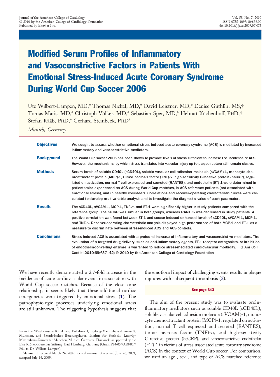 Modified Serum Profiles of Inflammatory and Vasoconstrictive Factors in Patients With Emotional Stress-Induced Acute Coronary Syndrome During World Cup Soccer 2006 