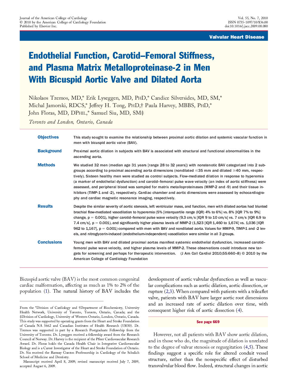 Endothelial Function, Carotid–Femoral Stiffness, and Plasma Matrix Metalloproteinase-2 in Men With Bicuspid Aortic Valve and Dilated Aorta 