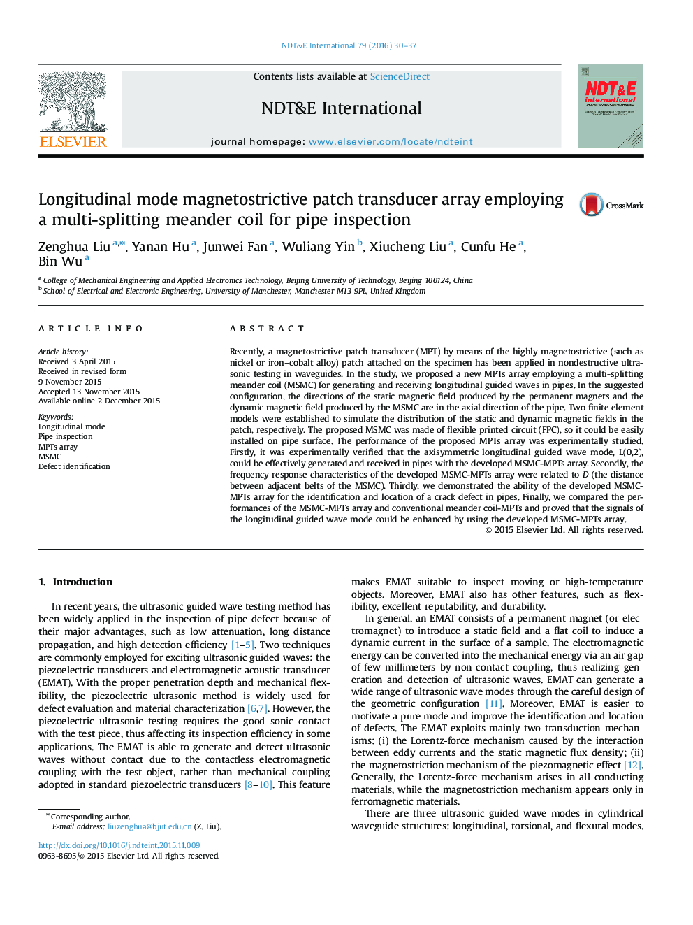 Longitudinal mode magnetostrictive patch transducer array employing a multi-splitting meander coil for pipe inspection