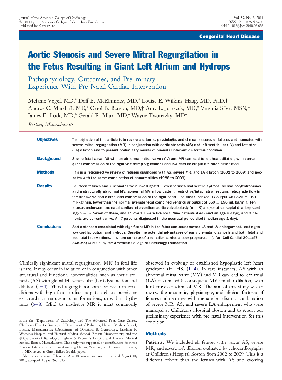 Aortic Stenosis and Severe Mitral Regurgitation in the Fetus Resulting in Giant Left Atrium and Hydrops : Pathophysiology, Outcomes, and Preliminary Experience With Pre-Natal Cardiac Intervention