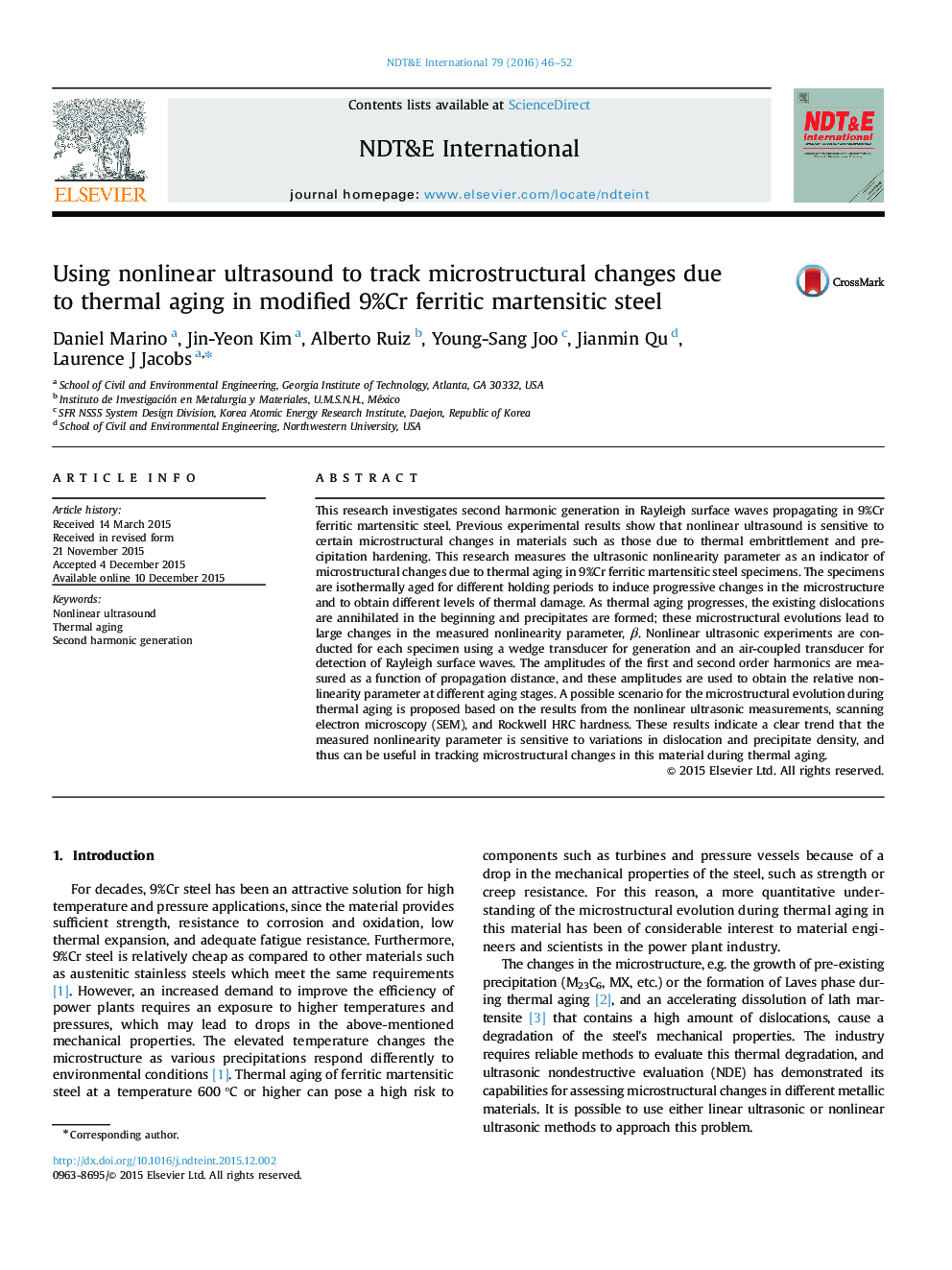 Using nonlinear ultrasound to track microstructural changes due to thermal aging in modified 9%Cr ferritic martensitic steel