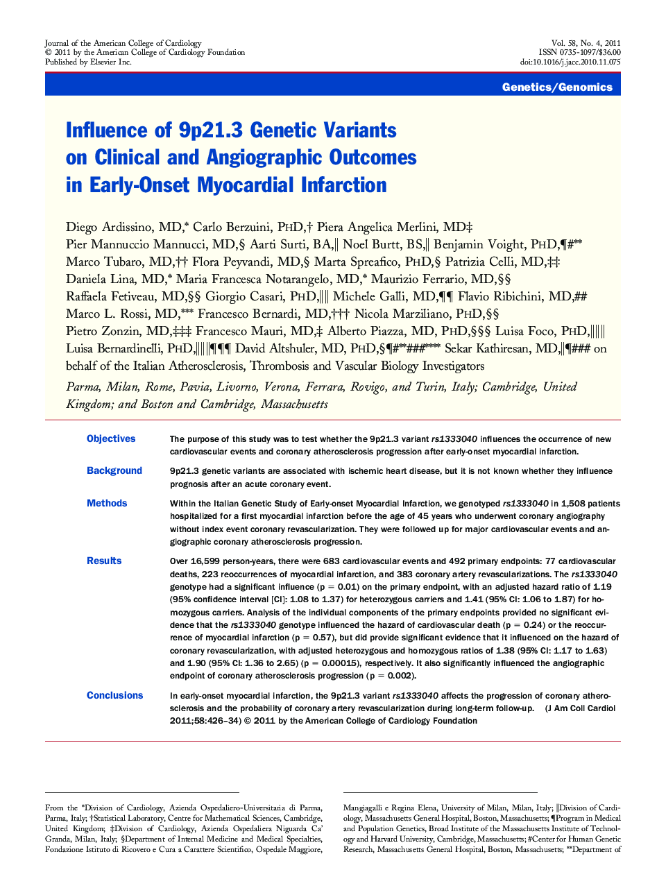 Influence of 9p21.3 Genetic Variants on Clinical and Angiographic Outcomes in Early-Onset Myocardial Infarction 