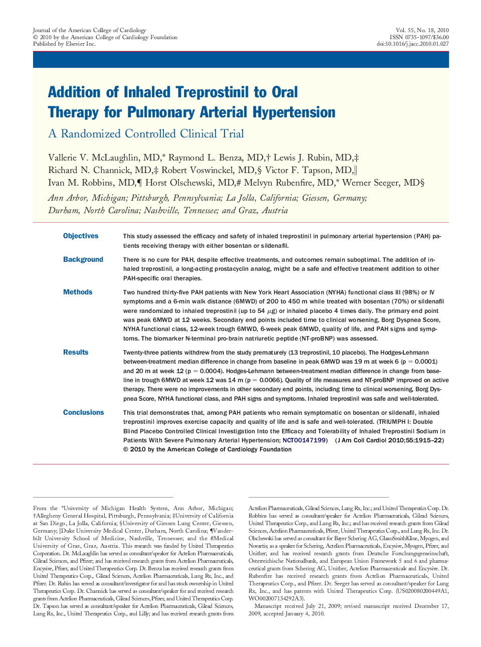 Addition of Inhaled Treprostinil to Oral Therapy for Pulmonary Arterial Hypertension : A Randomized Controlled Clinical Trial