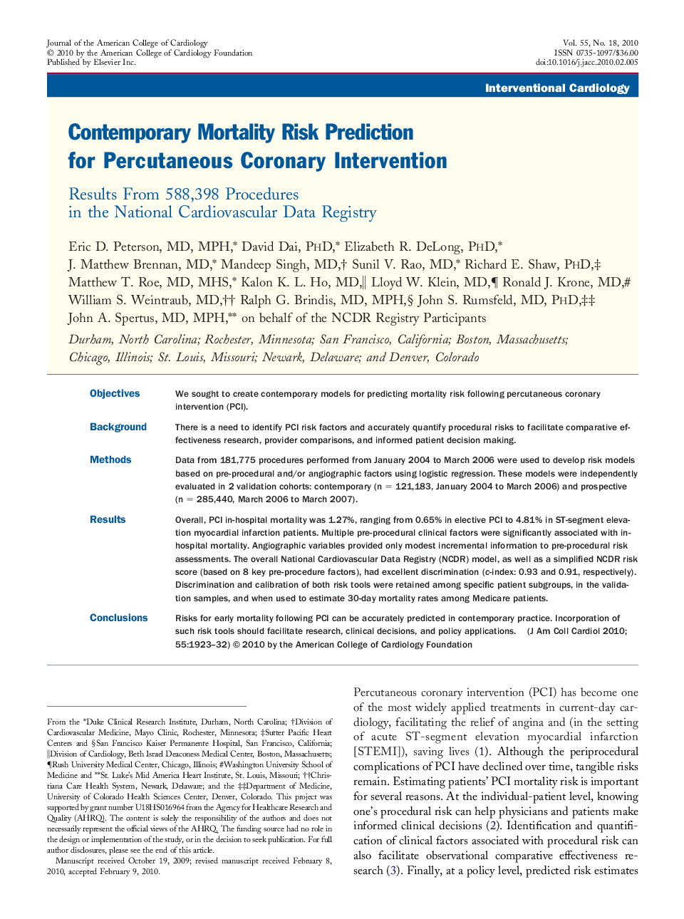 Contemporary Mortality Risk Prediction for Percutaneous Coronary Intervention : Results From 588,398 Procedures in the National Cardiovascular Data Registry