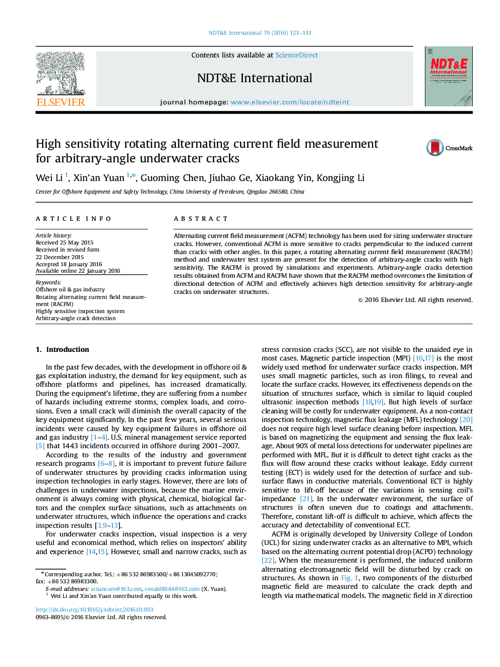 High sensitivity rotating alternating current field measurement for arbitrary-angle underwater cracks