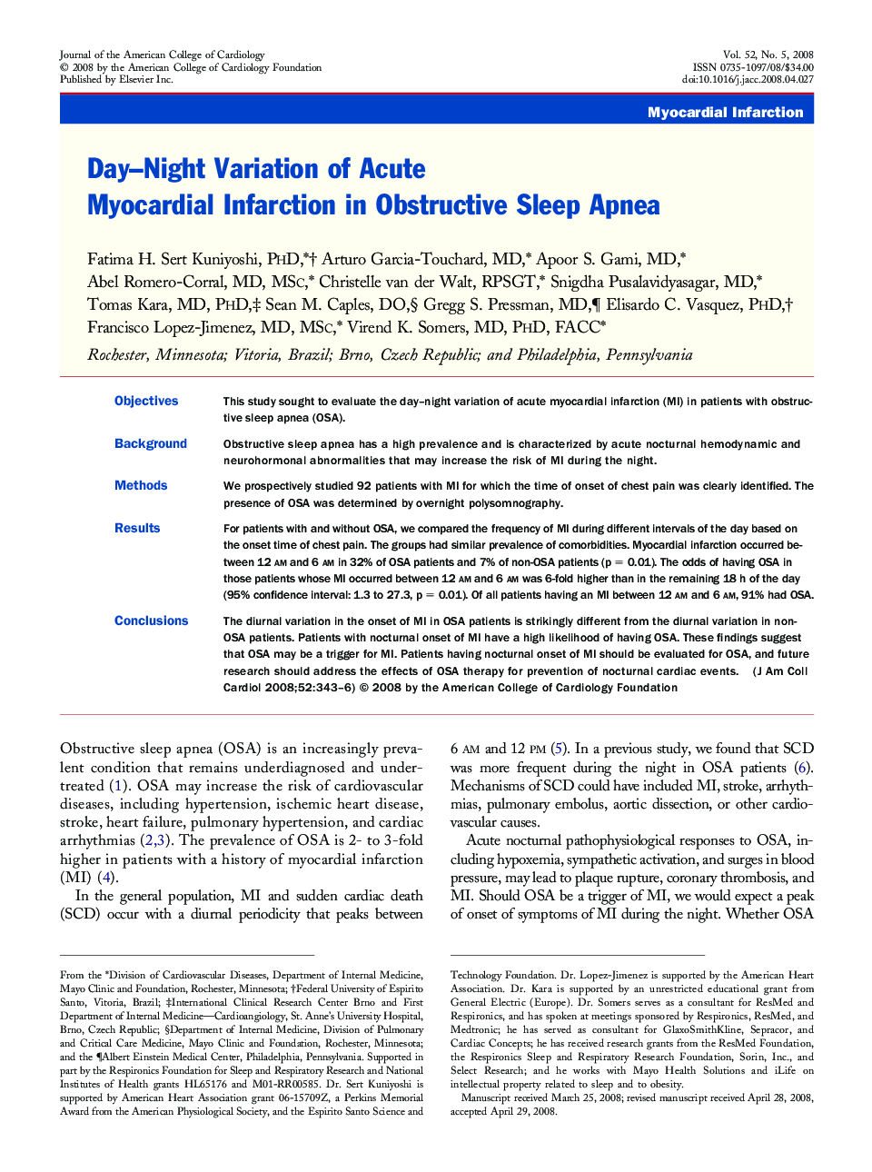 Day–Night Variation of Acute Myocardial Infarction in Obstructive Sleep Apnea 