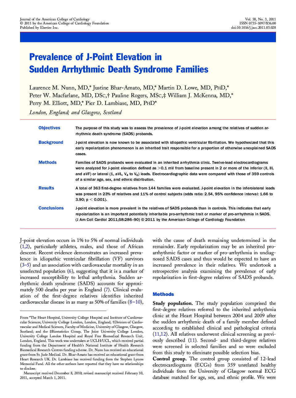 Prevalence of J-Point Elevation in Sudden Arrhythmic Death Syndrome Families 