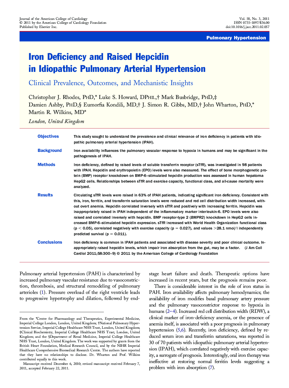 Iron Deficiency and Raised Hepcidin in Idiopathic Pulmonary Arterial Hypertension : Clinical Prevalence, Outcomes, and Mechanistic Insights