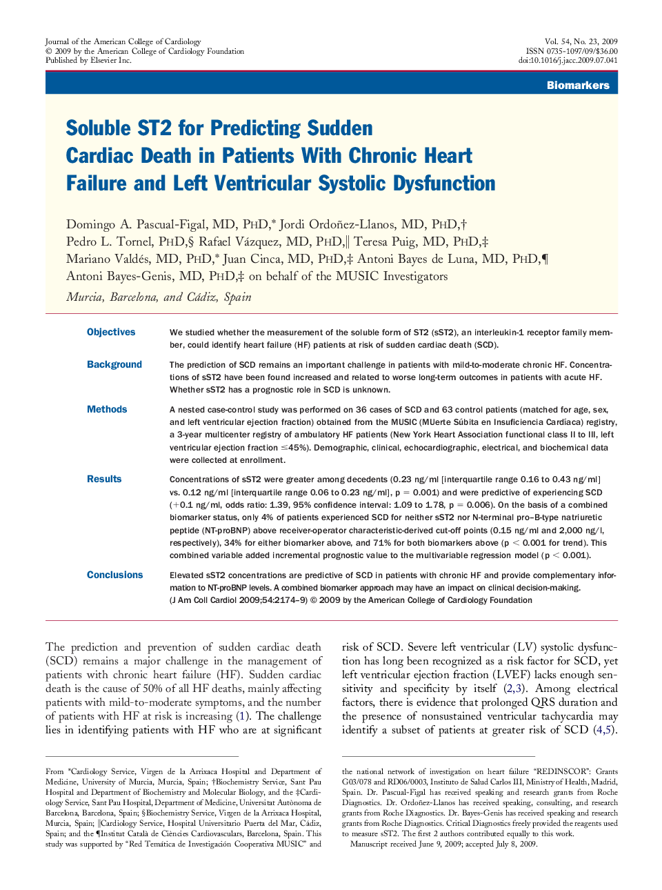 Soluble ST2 for Predicting Sudden Cardiac Death in Patients With Chronic Heart Failure and Left Ventricular Systolic Dysfunction 