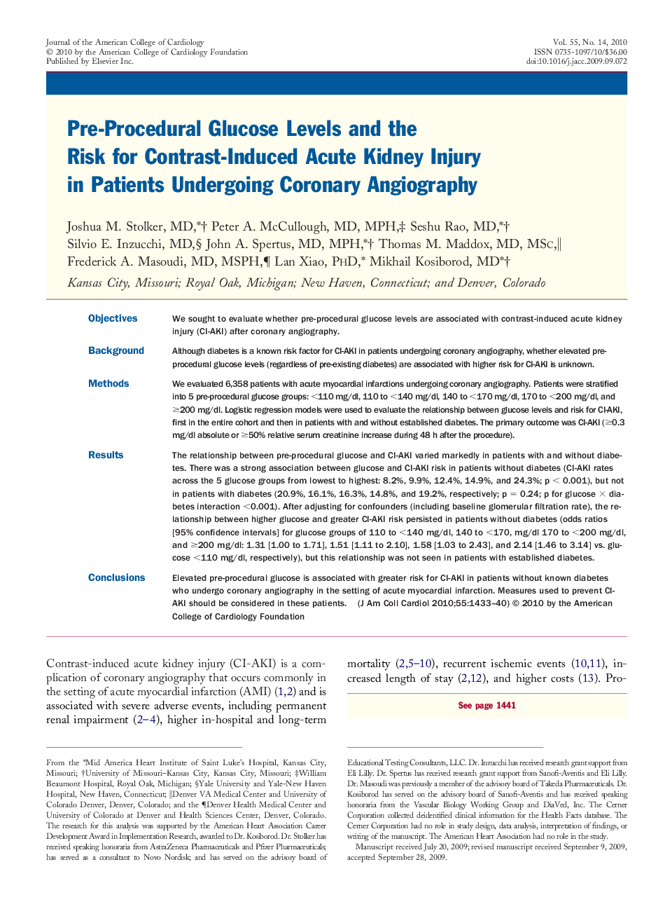 Pre-Procedural Glucose Levels and the Risk for Contrast-Induced Acute Kidney Injury in Patients Undergoing Coronary Angiography 