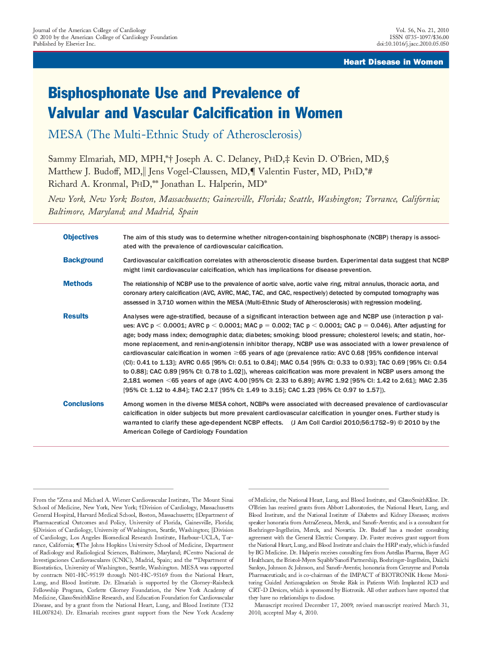 Bisphosphonate Use and Prevalence of Valvular and Vascular Calcification in Women : MESA (The Multi-Ethnic Study of Atherosclerosis)