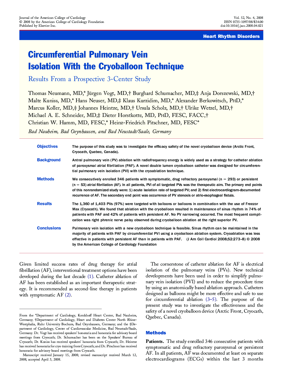 Circumferential Pulmonary Vein Isolation With the Cryoballoon Technique : Results From a Prospective 3-Center Study