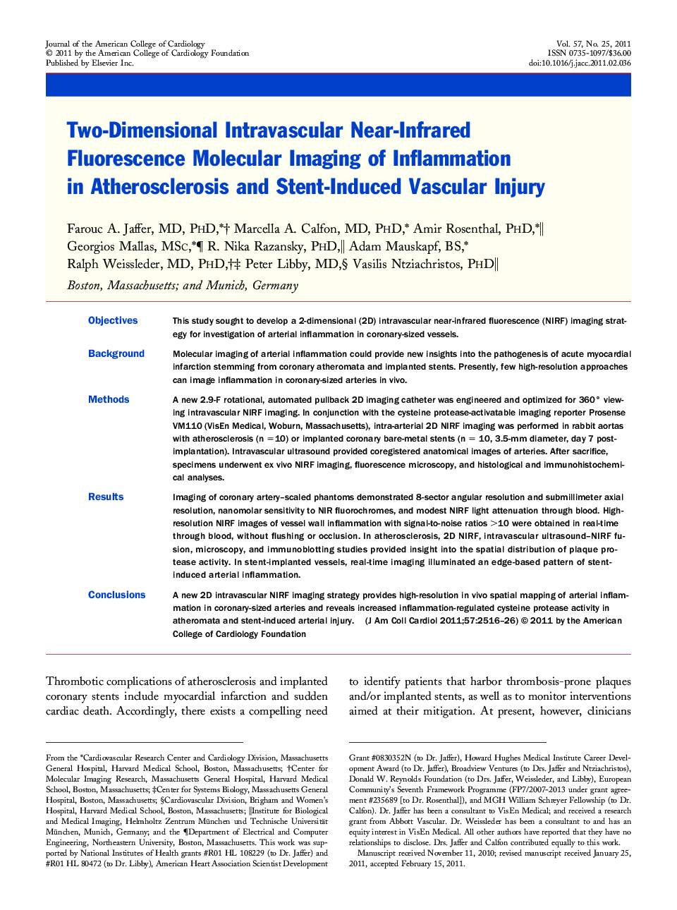 Two-Dimensional Intravascular Near-Infrared Fluorescence Molecular Imaging of Inflammation in Atherosclerosis and Stent-Induced Vascular Injury 