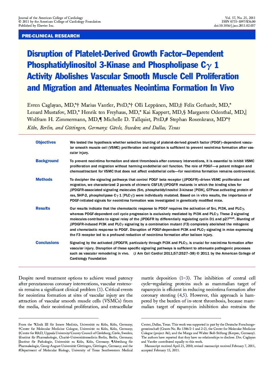 Disruption of Platelet-Derived Growth Factor–Dependent Phosphatidylinositol 3-Kinase and Phospholipase Cγ 1 Activity Abolishes Vascular Smooth Muscle Cell Proliferation and Migration and Attenuates Neointima Formation In Vivo 