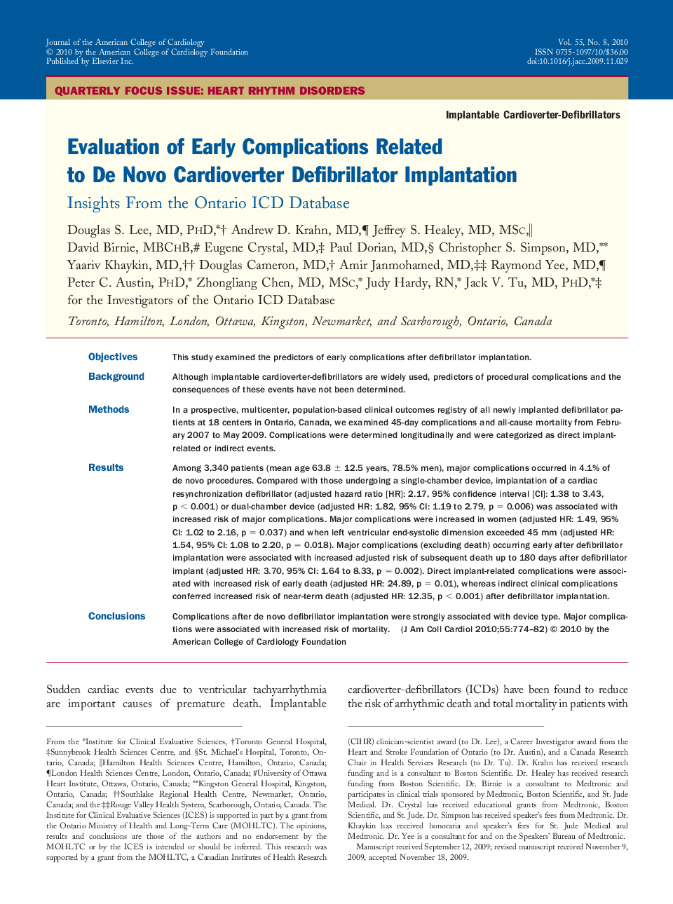 Evaluation of Early Complications Related to De Novo Cardioverter Defibrillator Implantation : Insights From the Ontario ICD Database