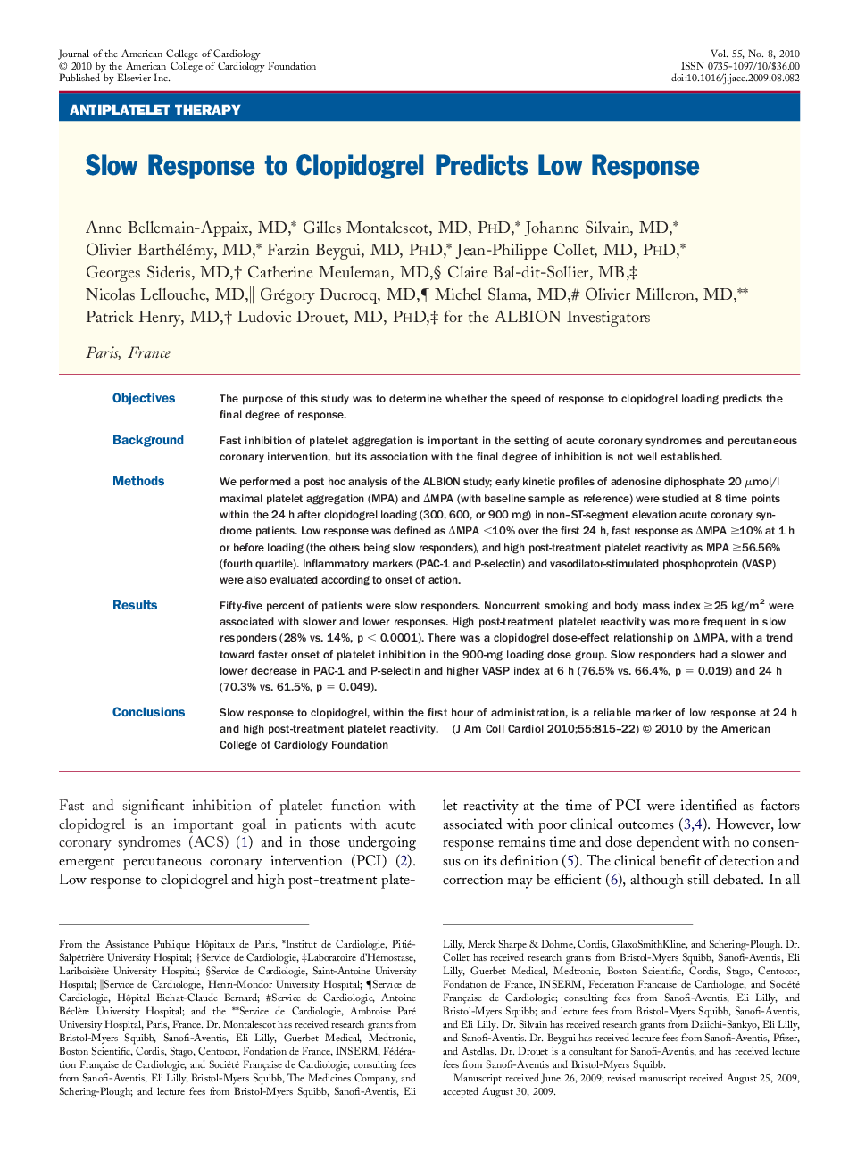 Slow Response to Clopidogrel Predicts Low Response 