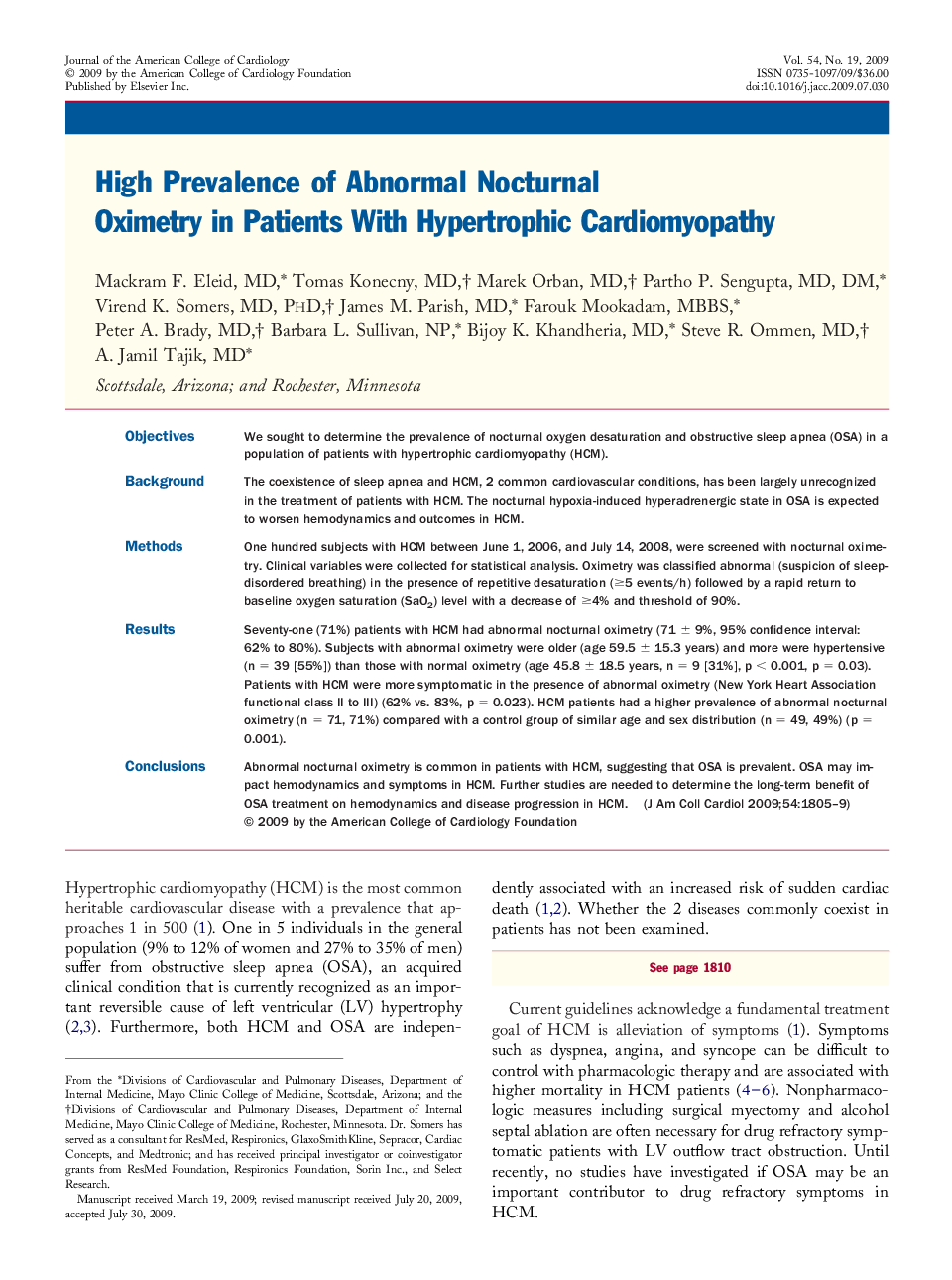 High Prevalence of Abnormal Nocturnal Oximetry in Patients With Hypertrophic Cardiomyopathy 