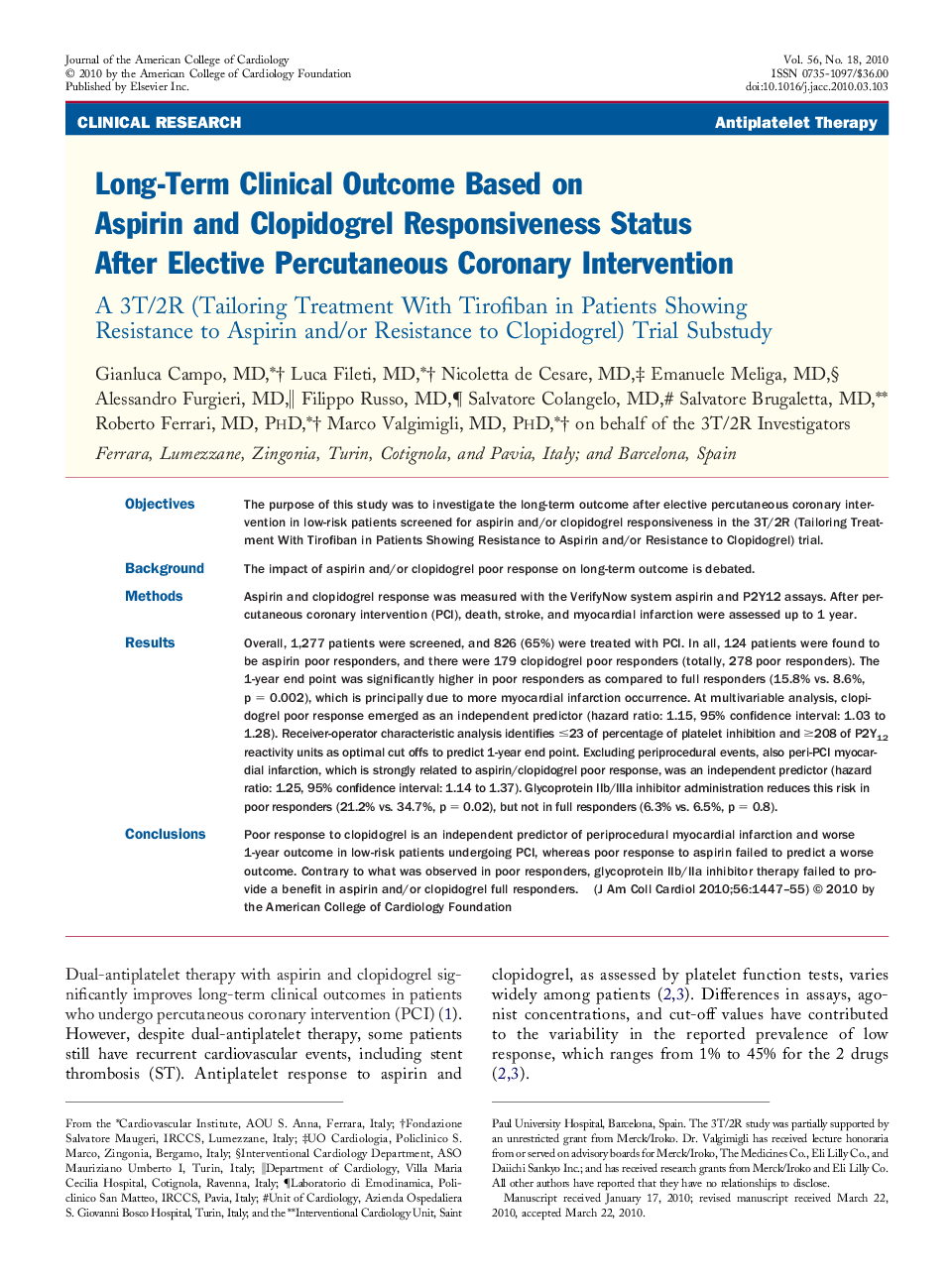 Long-Term Clinical Outcome Based on Aspirin and Clopidogrel Responsiveness Status After Elective Percutaneous Coronary Intervention : A 3T/2R (Tailoring Treatment With Tirofiban in Patients Showing Resistance to Aspirin and/or Resistance to Clopidogrel) T