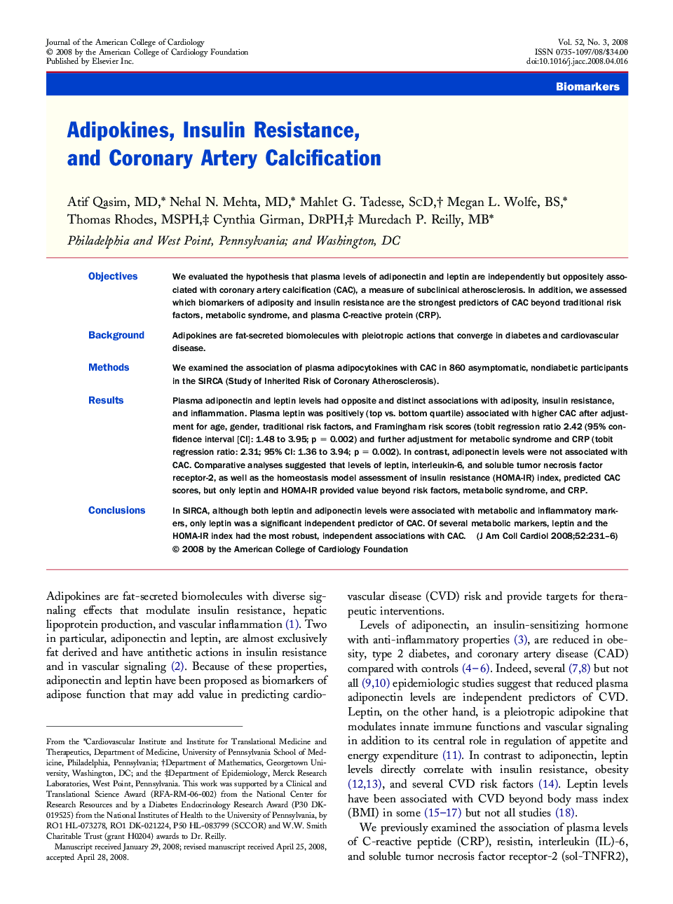 Adipokines, Insulin Resistance, and Coronary Artery Calcification 