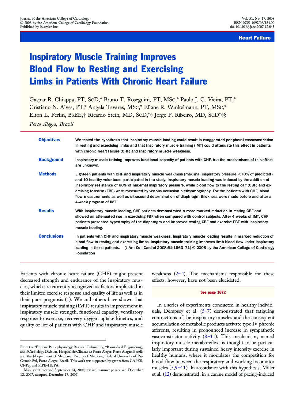 Inspiratory Muscle Training Improves Blood Flow to Resting and Exercising Limbs in Patients With Chronic Heart Failure 