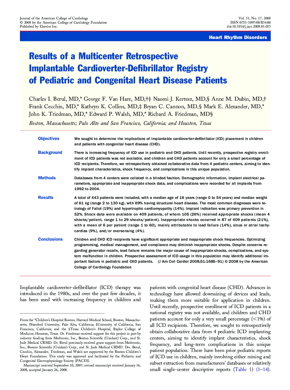 Results of a Multicenter Retrospective Implantable Cardioverter-Defibrillator Registry of Pediatric and Congenital Heart Disease Patients 