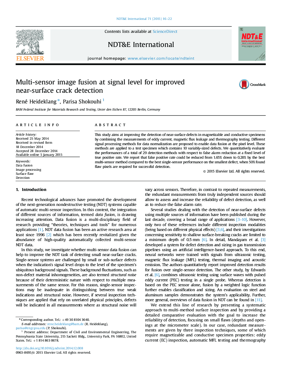 Multi-sensor image fusion at signal level for improved near-surface crack detection