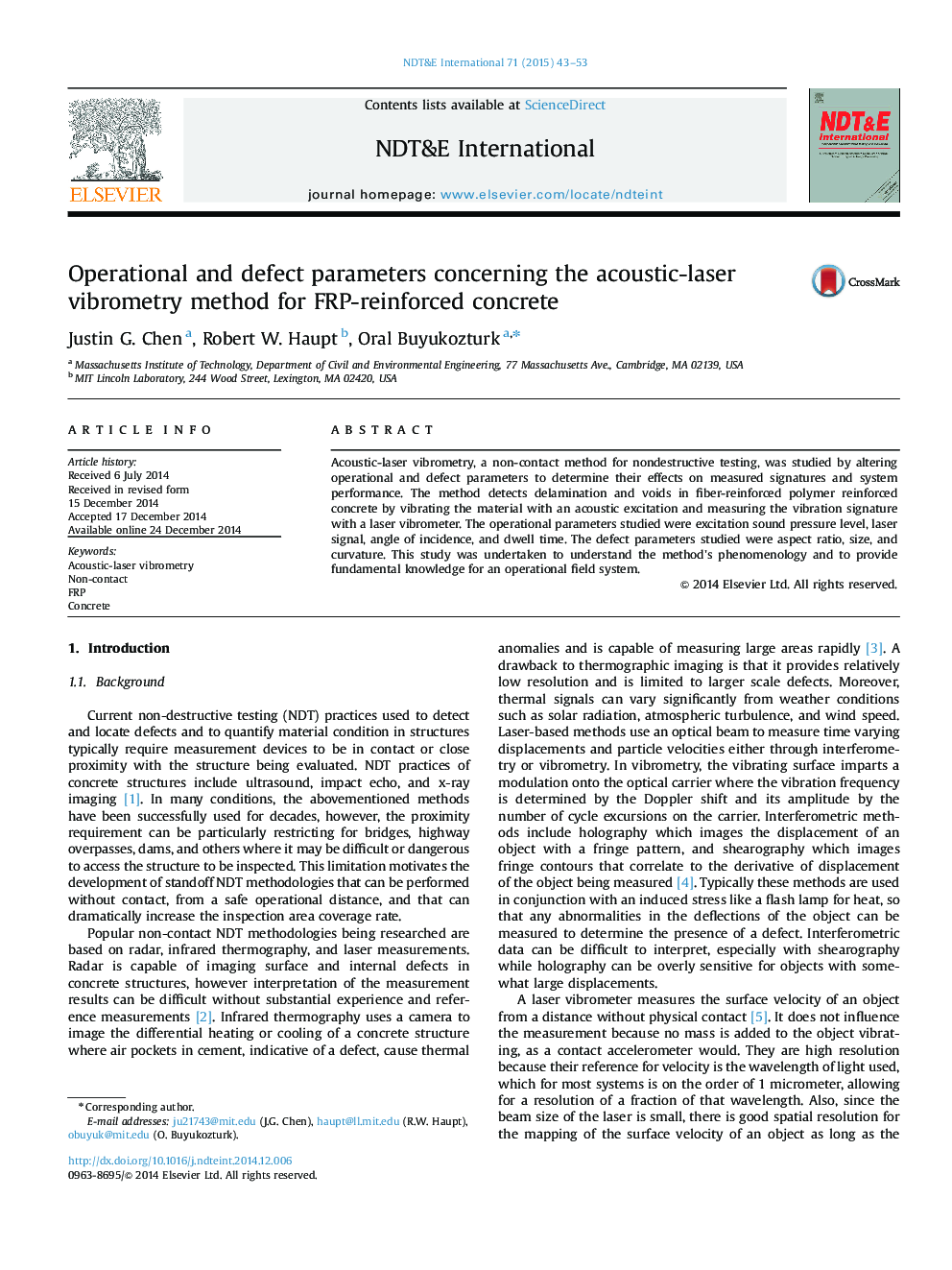 Operational and defect parameters concerning the acoustic-laser vibrometry method for FRP-reinforced concrete