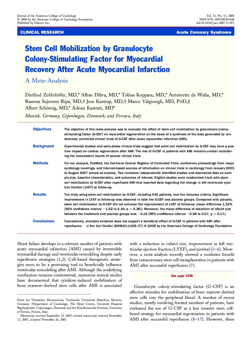 Stem Cell Mobilization by Granulocyte Colony-Stimulating Factor for Myocardial Recovery After Acute Myocardial Infarction: A Meta-Analysis