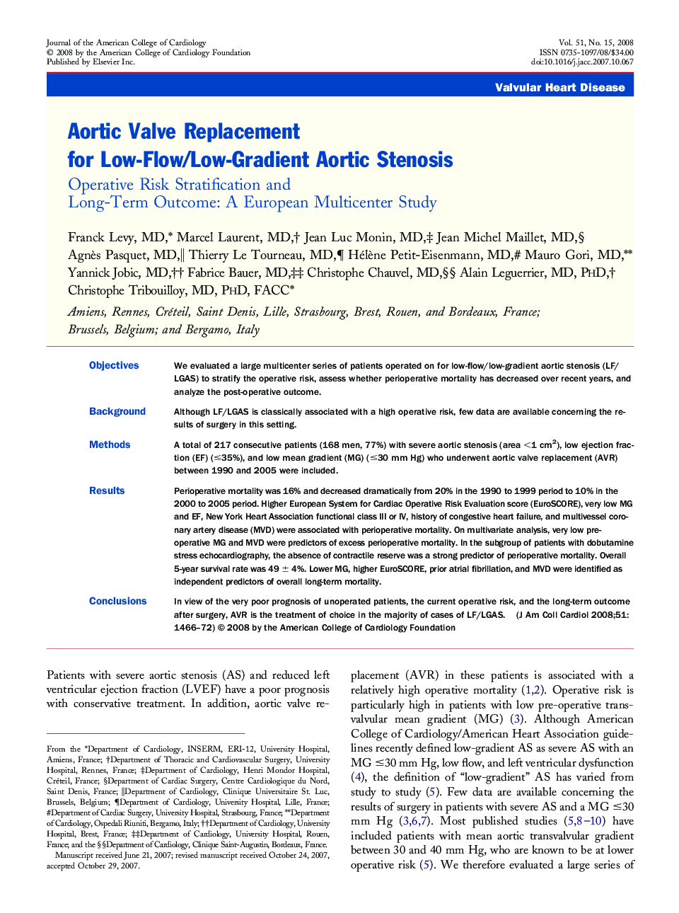 Aortic Valve Replacement for Low-Flow/Low-Gradient Aortic Stenosis: Operative Risk Stratification and Long-Term Outcome: A European Multicenter Study