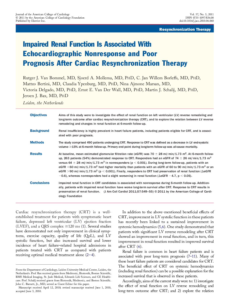 Impaired Renal Function Is Associated With Echocardiographic Nonresponse and Poor Prognosis After Cardiac Resynchronization Therapy 