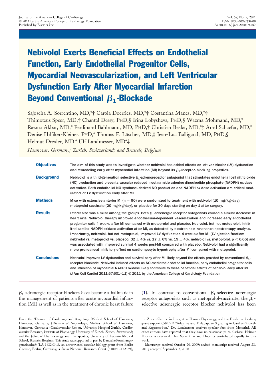 Nebivolol Exerts Beneficial Effects on Endothelial Function, Early Endothelial Progenitor Cells, Myocardial Neovascularization, and Left Ventricular Dysfunction Early After Myocardial Infarction Beyond Conventional β1-Blockade 