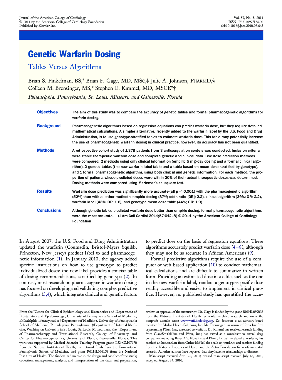 Genetic Warfarin Dosing : Tables Versus Algorithms