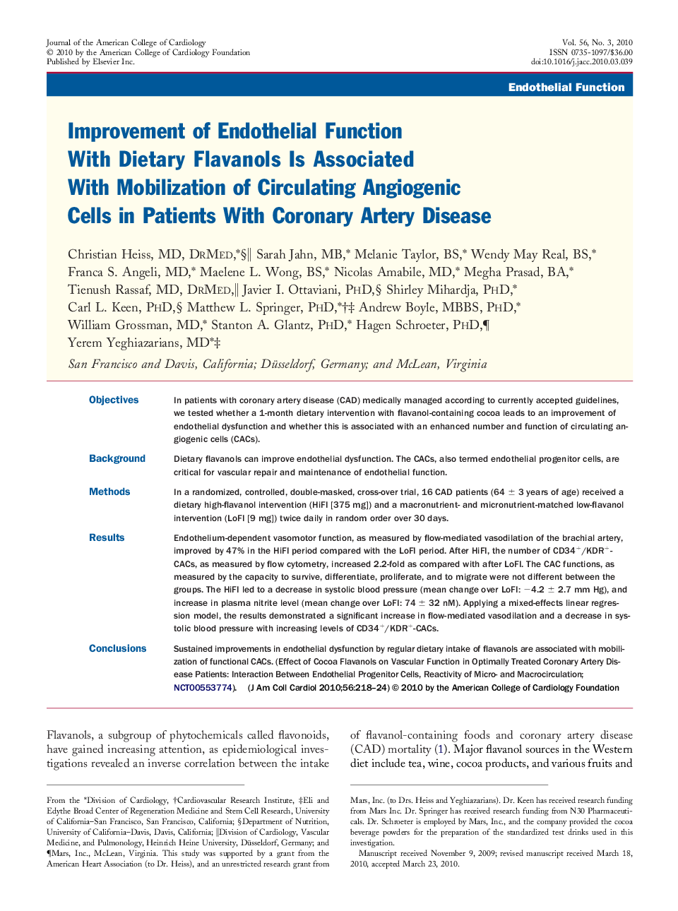 Improvement of Endothelial Function With Dietary Flavanols Is Associated With Mobilization of Circulating Angiogenic Cells in Patients With Coronary Artery Disease 