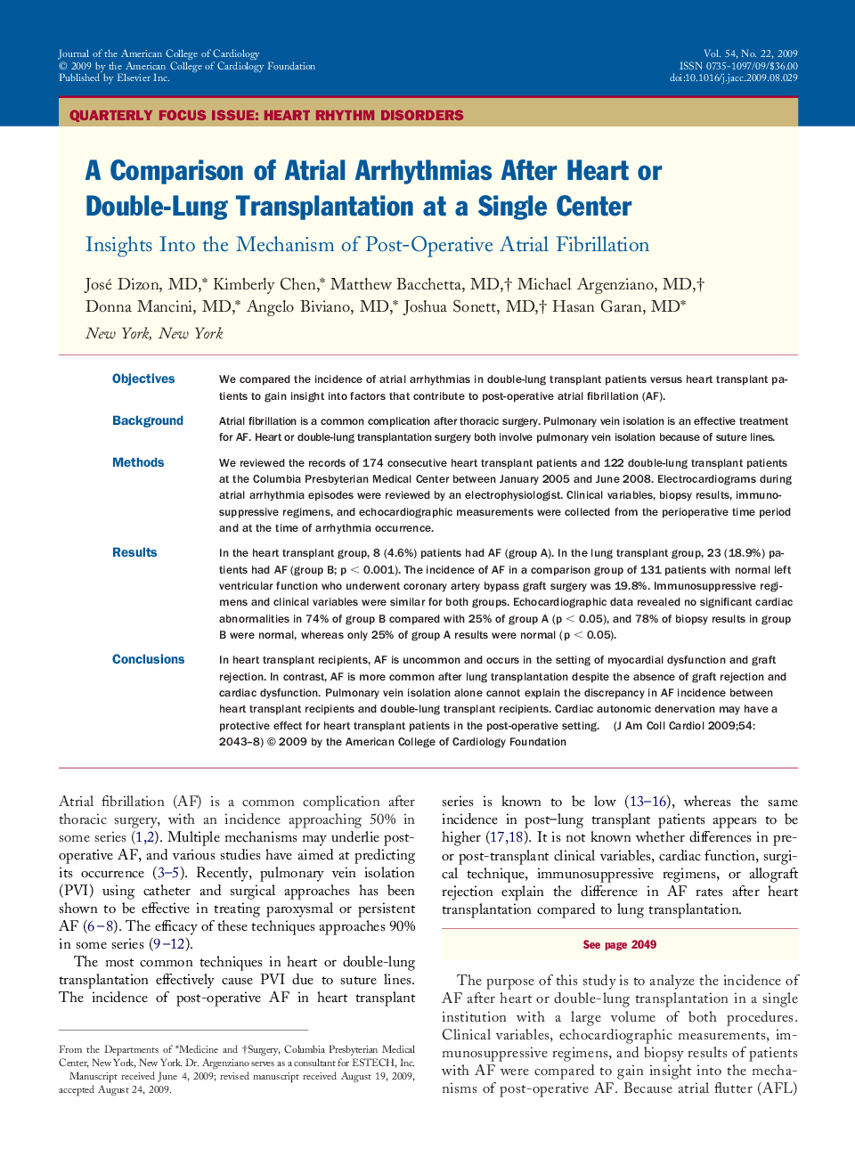 A Comparison of Atrial Arrhythmias After Heart or Double-Lung Transplantation at a Single Center : Insights Into the Mechanism of Post-Operative Atrial Fibrillation