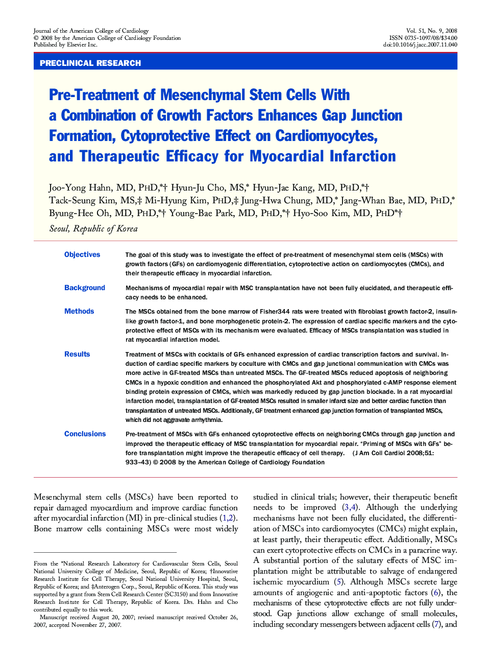 Pre-Treatment of Mesenchymal Stem Cells With a Combination of Growth Factors Enhances Gap Junction Formation, Cytoprotective Effect on Cardiomyocytes, and Therapeutic Efficacy for Myocardial Infarction 