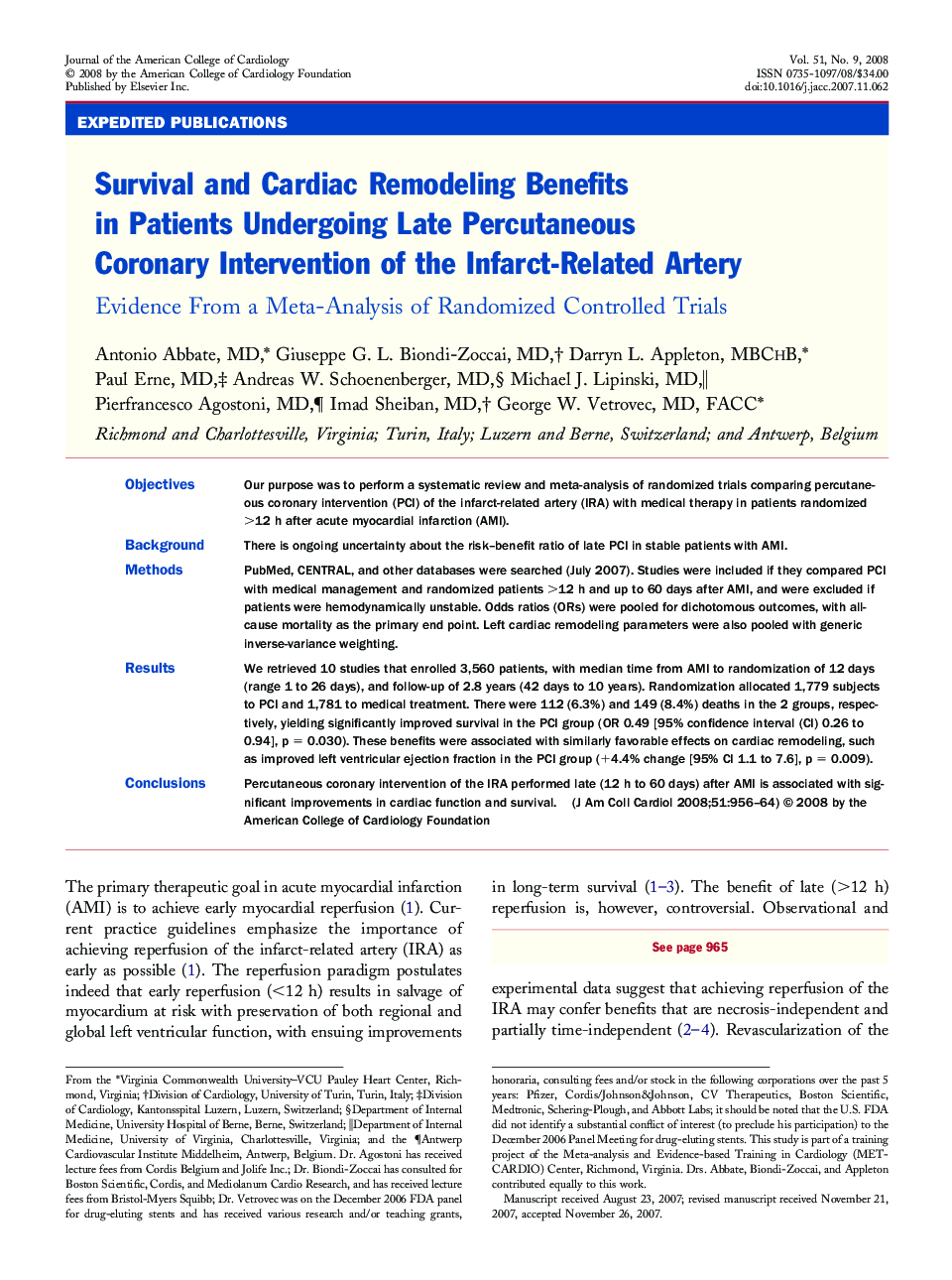 Survival and Cardiac Remodeling Benefits in Patients Undergoing Late Percutaneous Coronary Intervention of the Infarct-Related Artery : Evidence From a Meta-Analysis of Randomized Controlled Trials