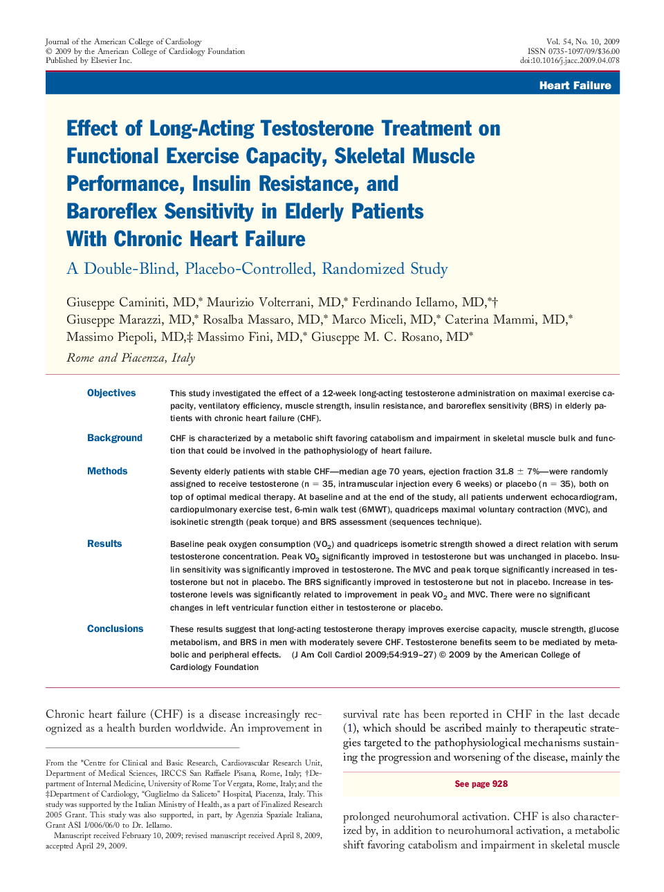 Effect of Long-Acting Testosterone Treatment on Functional Exercise Capacity, Skeletal Muscle Performance, Insulin Resistance, and Baroreflex Sensitivity in Elderly Patients With Chronic Heart Failure : A Double-Blind, Placebo-Controlled, Randomized Study