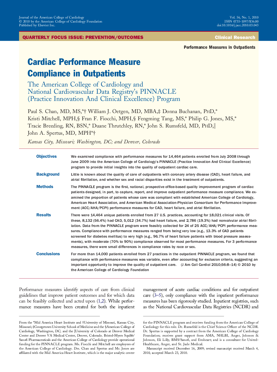 Cardiac Performance Measure Compliance in Outpatients : The American College of Cardiology and National Cardiovascular Data Registry's PINNACLE (Practice Innovation And Clinical Excellence) Program