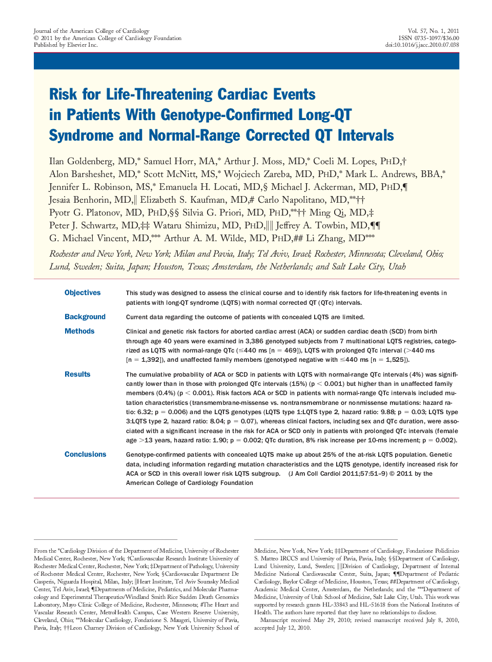 Risk for Life-Threatening Cardiac Events in Patients With Genotype-Confirmed Long-QT Syndrome and Normal-Range Corrected QT Intervals 