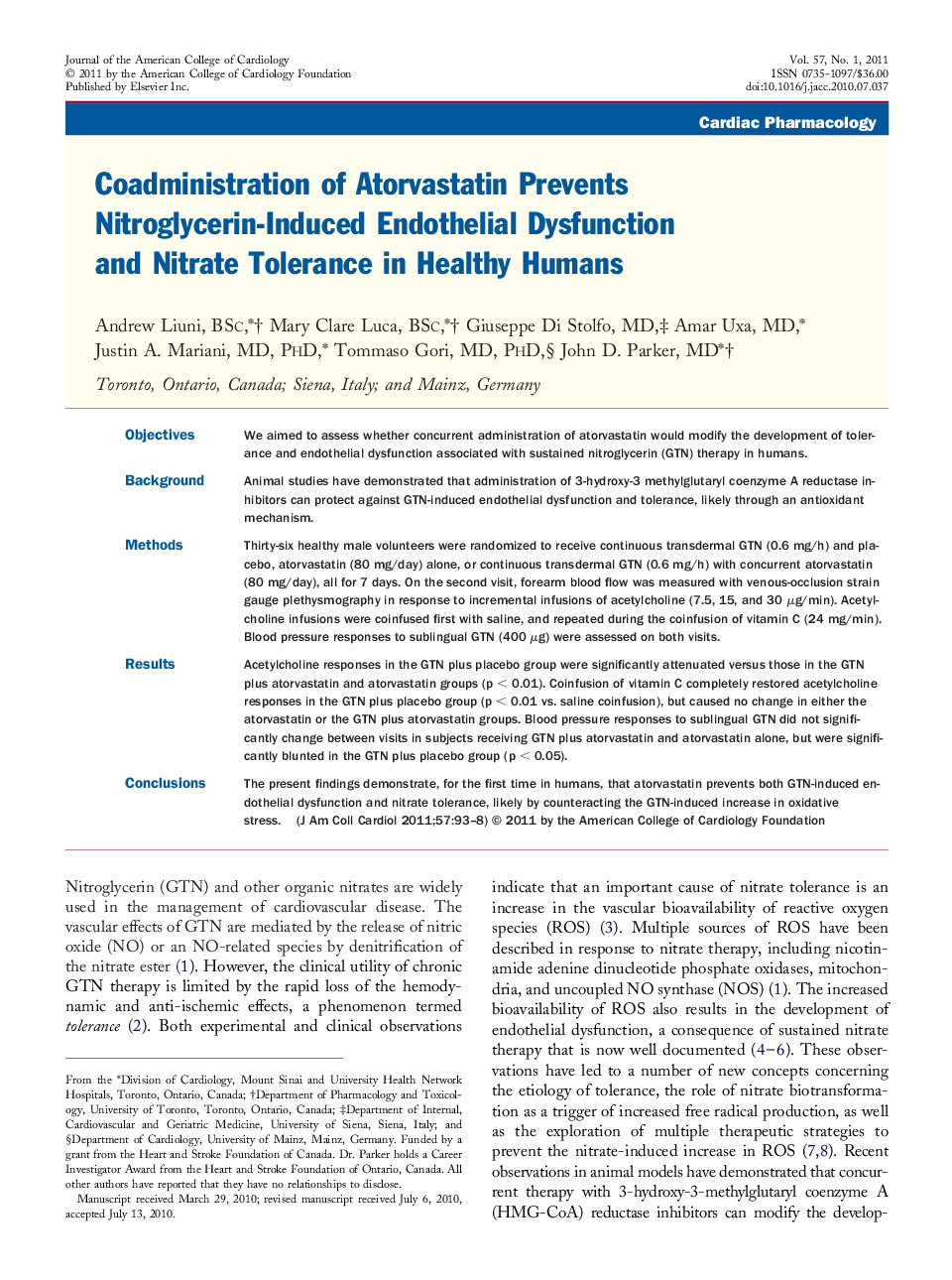 Coadministration of Atorvastatin Prevents Nitroglycerin-Induced Endothelial Dysfunction and Nitrate Tolerance in Healthy Humans 