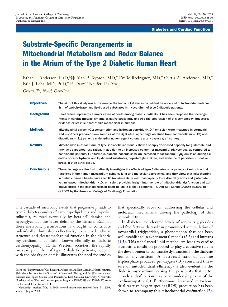 Substrate-Specific Derangements in Mitochondrial Metabolism and Redox Balance in the Atrium of the Type 2 Diabetic Human Heart 