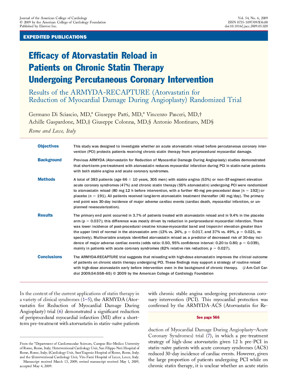 Efficacy of Atorvastatin Reload in Patients on Chronic Statin Therapy Undergoing Percutaneous Coronary Intervention: Results of the ARMYDA-RECAPTURE (Atorvastatin for Reduction of Myocardial Damage During Angioplasty) Randomized Trial