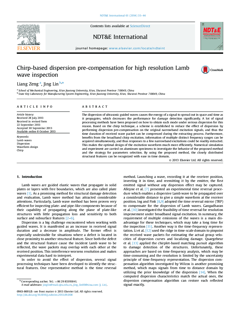 Chirp-based dispersion pre-compensation for high resolution Lamb wave inspection