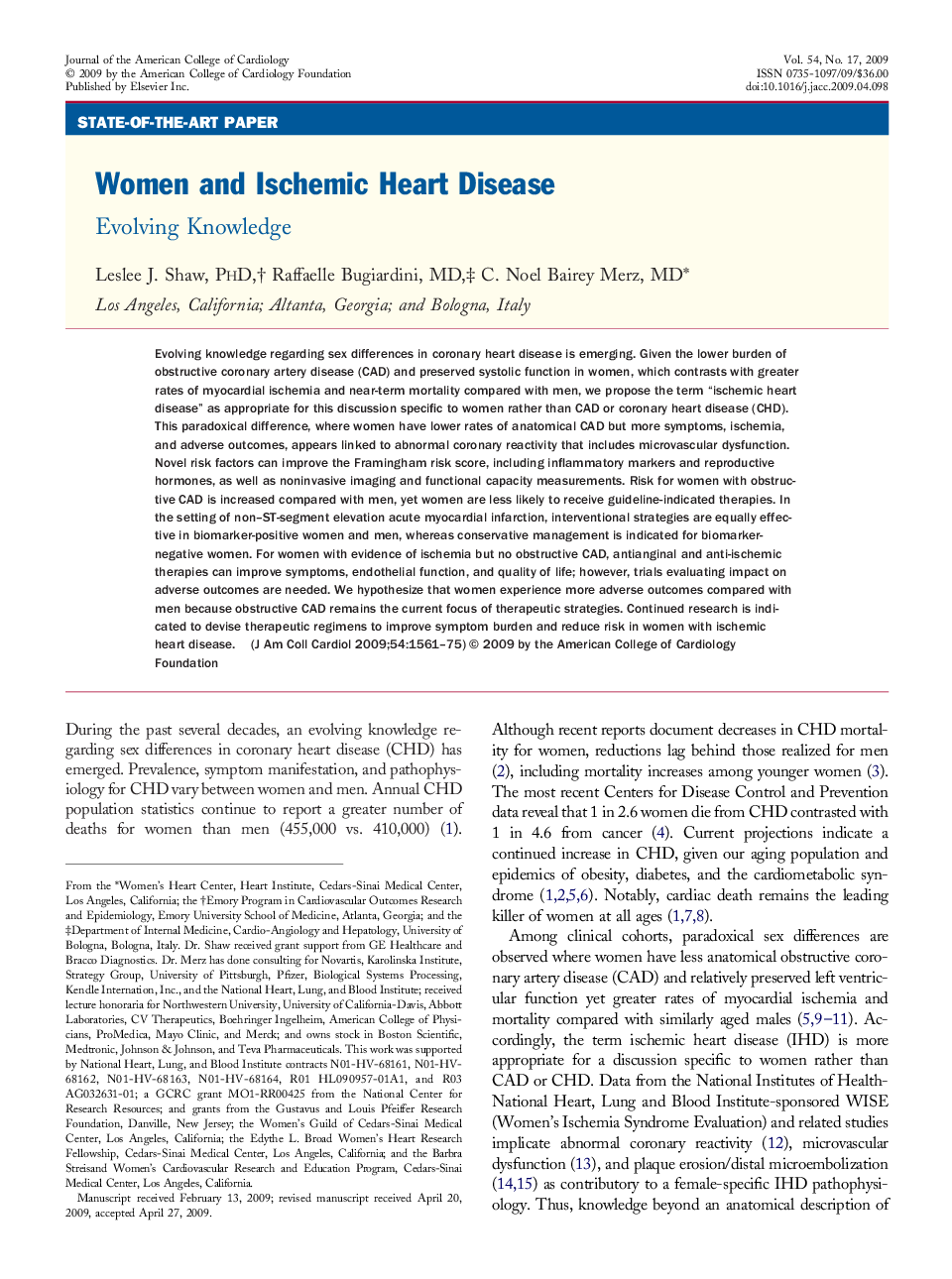 Women and Ischemic Heart Disease : Evolving Knowledge