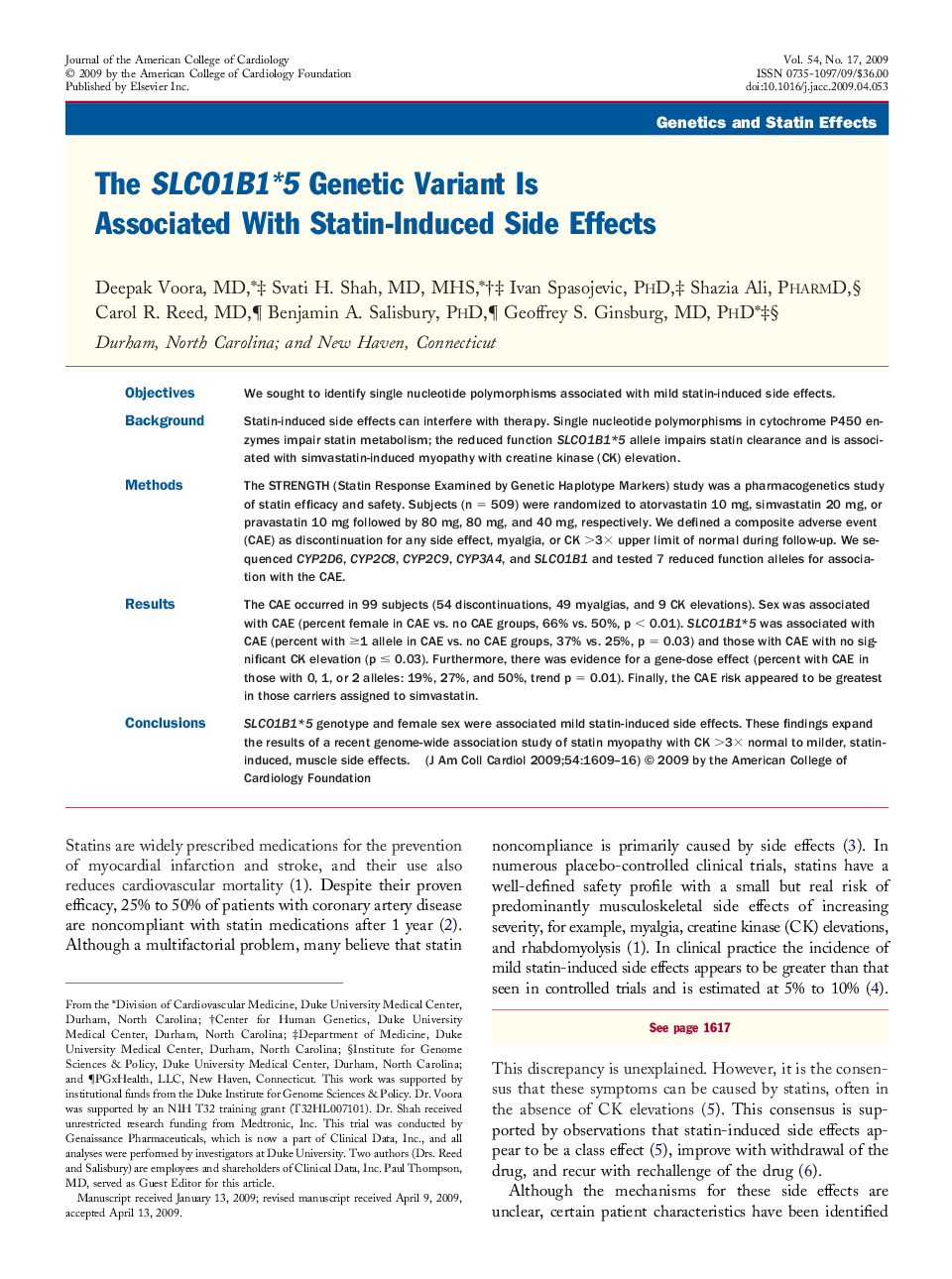 The SLCO1B1*5Genetic Variant Is Associated With Statin-Induced Side Effects 
